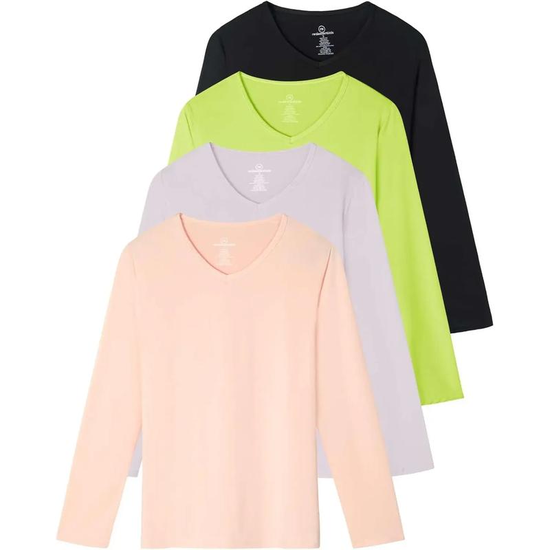 4-Pack: Women's Dry-Fit Long-Sleeve V-Neck Athletic Workout Shirt (Available in Plus Size)