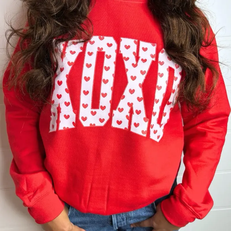 XOXO Hearts Filled Sweater - Red Crew Neck Long Sleeve Medium Length Casual Classic Valentine's Day Fleece Interior