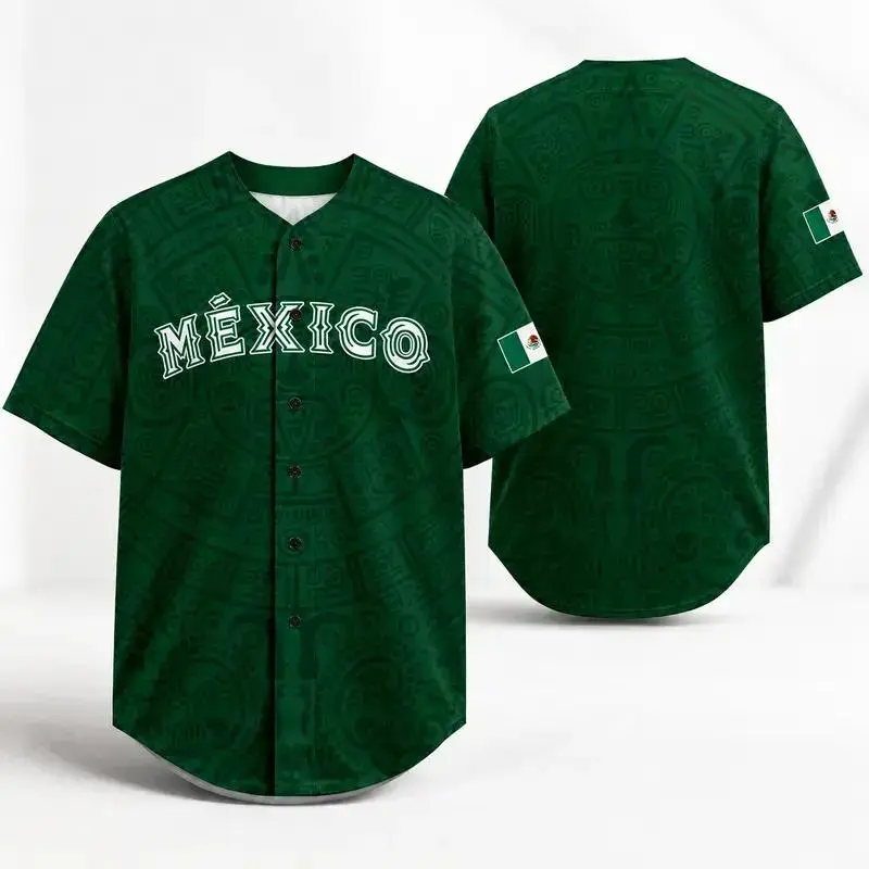 Mexico Inspired Baseball Jersey – Green Aztec Pattern Unisex Fan Shirt