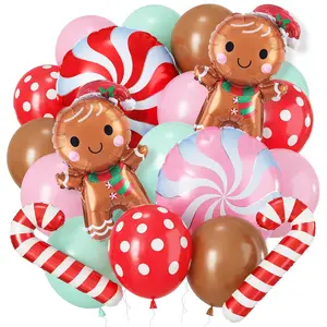 Christmas Decor Balloons, 12 Inch Red Pink Green Brown Latex Xmas Balloons With Candy Cane Gingerbread Man Foil Balloon For Christmas Gingerbread House New Year Party Decorations