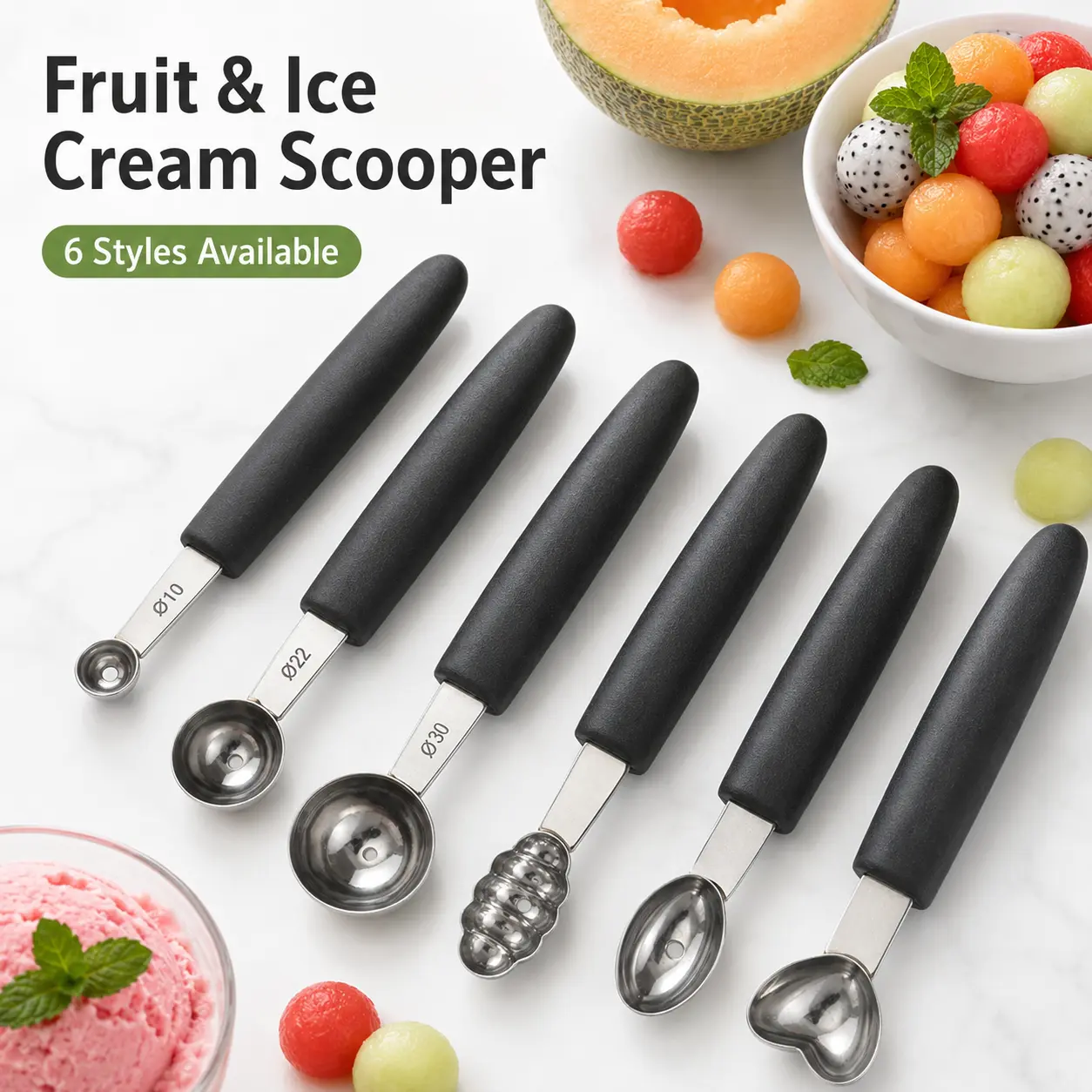 Melon Baller - Stainless Steel Fruit Scoop Tool with Ergonomic Non-Slip Handle, Fruit & Ice Cream Baller Scoop for Watermelon, Cantaloupe, Sorbet, Cookie Dough & Garnish, Kitchen Gift for Home Chefs