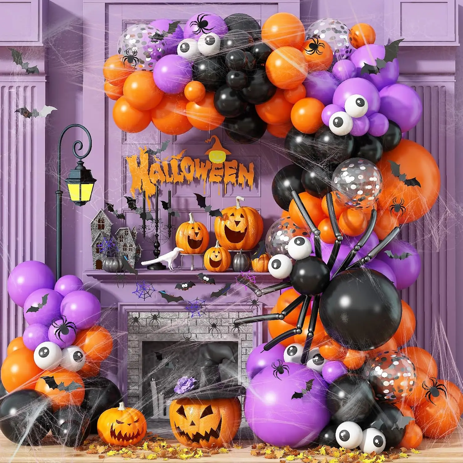 Halloween Balloon Arch Garland Kit , 139 Pcs Orange Black Purple With Big Bat And Diy Spider Latex Balloons, 3D Bats & Spider Web For Kids Halloween Spooky Birthday Party Decorations Supplies