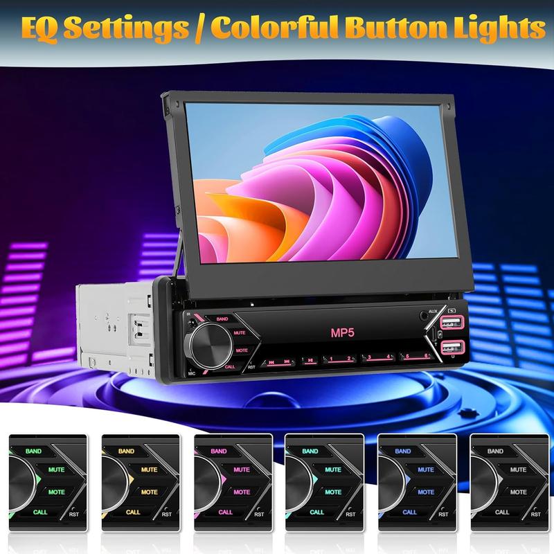 Car Radio 1Din with Retractable Screen,7inch Manual Retractable Display 1 Din Radio with Bluetooth Handsfree FM Type-C 2USB AUX Mirror Link SWC Rear View Camera、No carplay and no android auto、automotive