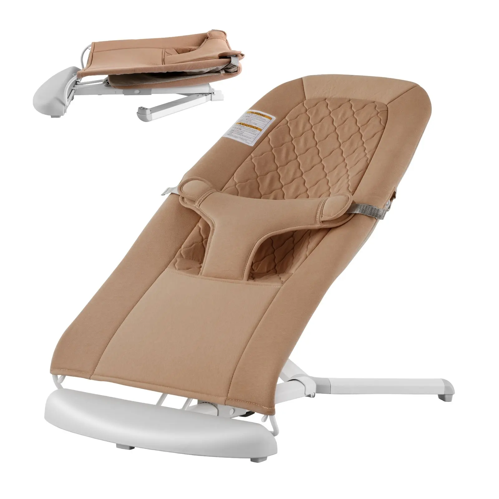 VEVOR Baby Bouncer, Folding Bouncer Seat for Babies 0-9 Months, Newborn Bouncer Chair with 2 Reclining Angles 3-Point Harness, Portable Infant Rocker with Carrying Bag for Indoors Outdoors, Camel