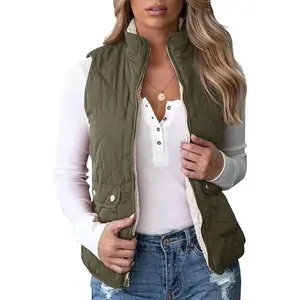 PASLTER Women's Reversible Sherpa Vest Quilted Zip Fleece Padded Gilet with Pockets