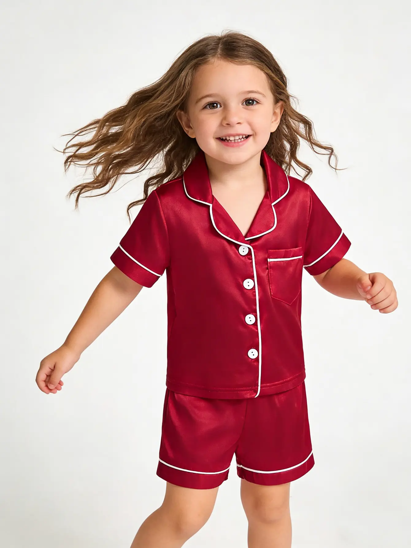 Kaka Here Kids' Clothing Girls Casual Pajamas Set - Unisex Toddler 2-Piece Satin Sleepwear, 1-8 Years, Short-Sleeve Button-Up Collared Top, Short Pants, Soft Polyester Plain Fabric, Cute Pajamas, Short Sleeve Tops