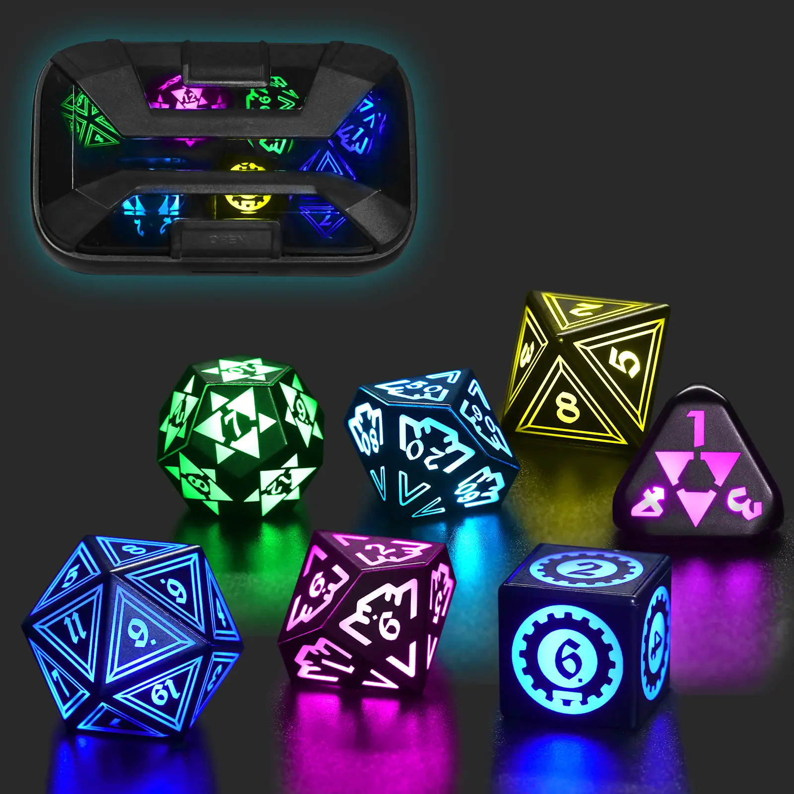 FONVGOGO Multifunction 7-Color Rechargeable LED Polyhedral Dice Set with Charging Case, for Dungeons & Dragons RPG Game Accessories, Ideal Gifts for RPG Players