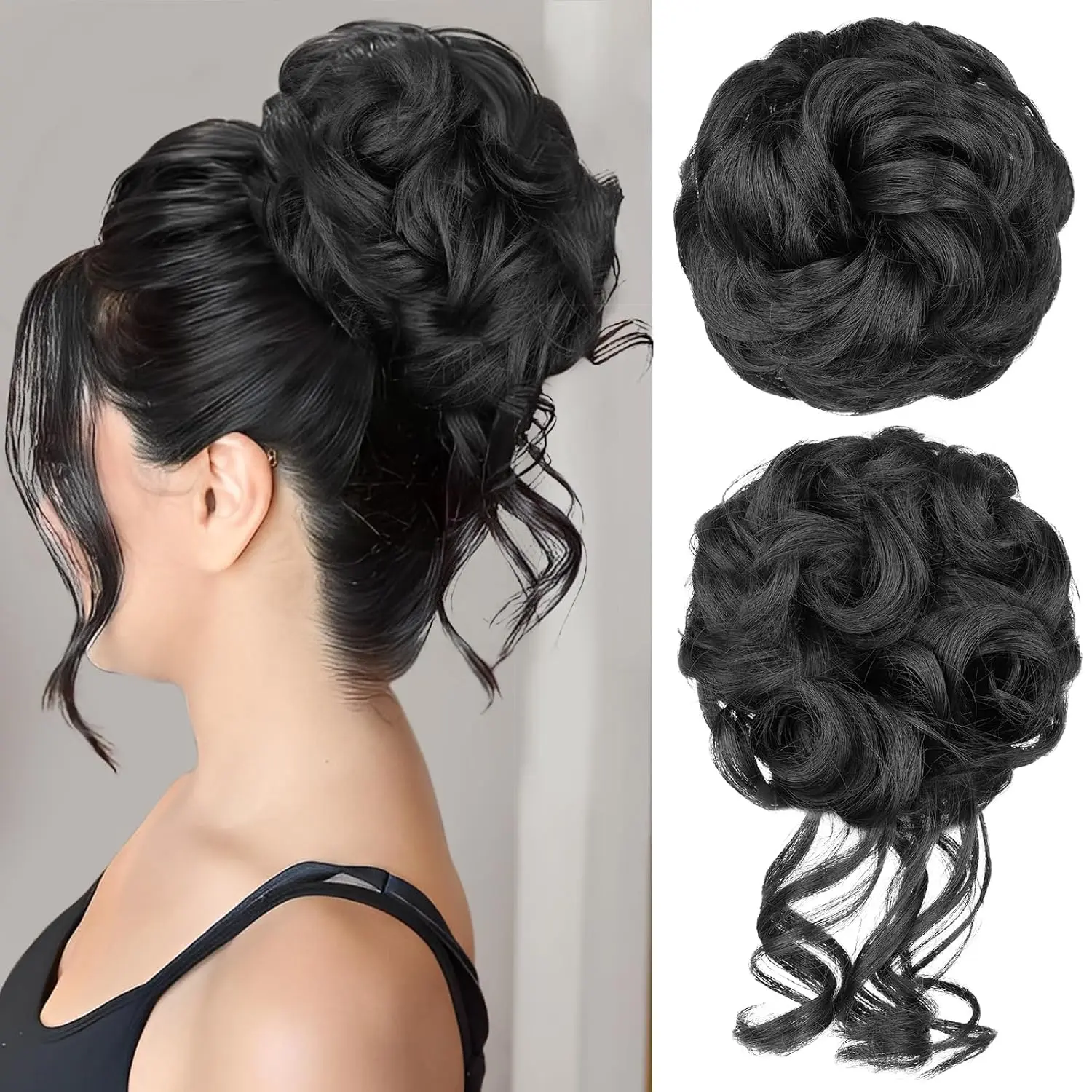 Vigorous Messy Bun Hair Piece for Women - 2PCS Synthetic Hair Pieces with Tousled Updo Hair Buns & Wavy Curly Texture Scrunchies Chignon Ponytail  - Easy to Wear & Versatile for Daily Use Wavy Hair Toppers