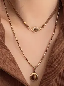 1 Piece of Maillard Double-layer Stacked Retro Tiger Eye Stone Pendant Design Necklace, Multi-layer Casual Chain Women's Party Versatile Fashion Necklace