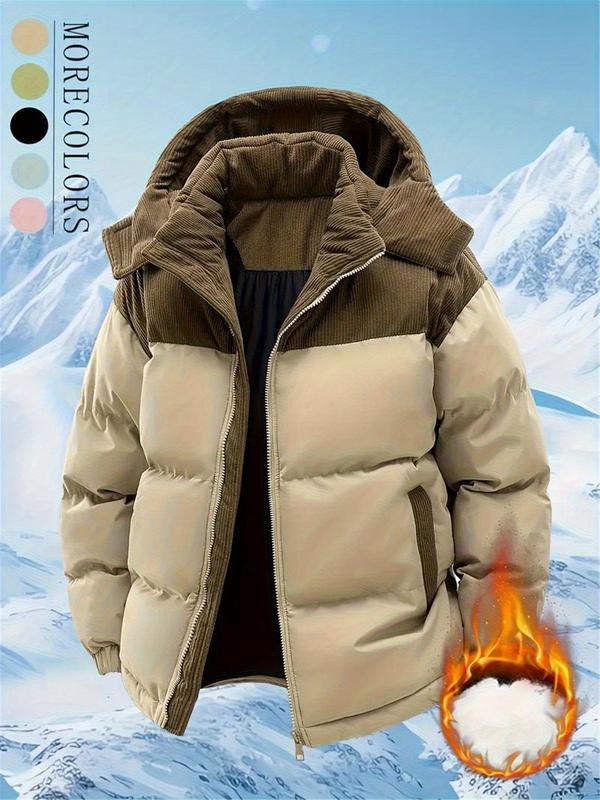 Men's Winter Hooded Jacket - Removable hood, colorblock design, warm wool-lined coat, zipper closure, casual style for cold weather, winter jacket, suitable for couples, windproof and machine washable coat Cotton Fleece Menswear Outdoor Thick
