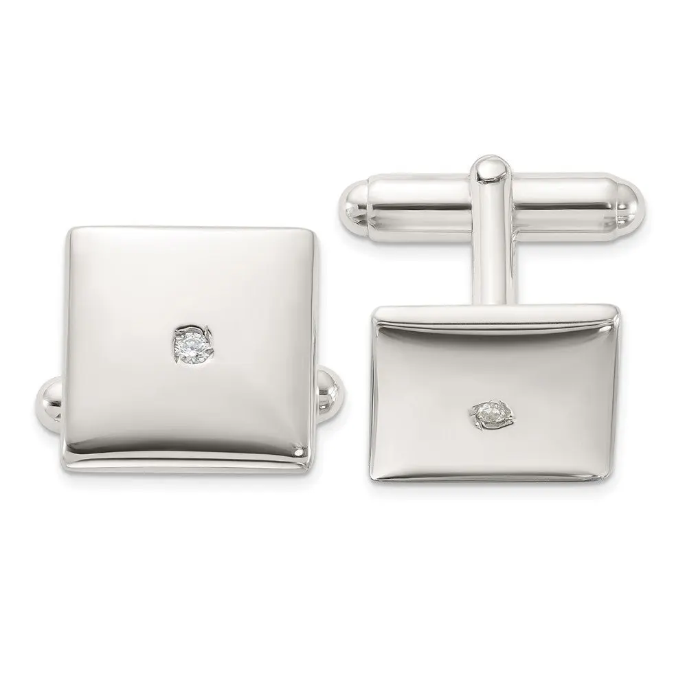 Men's 925 Sterling Silver Square Cufflinks - Rhodium-Plated, Modern Textured Design with Textured Back & Polished CZ Polished Finish, Engravable, Male, for Formal Events, Complimentary Gift Box, Geometric Silver Tone Classic Shirt Accessory