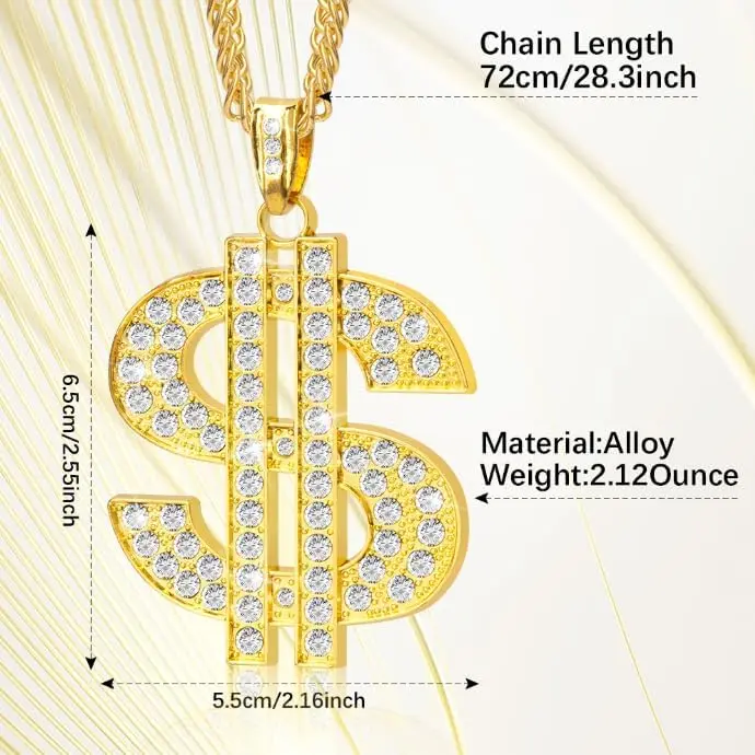 Gold Chain with Dollar Sign, Fake Gold Chain, Gold Money Chains for Men, 80 90s Hip Hop Gold Digger Costume Accessories, Hip Hop Jewelry Pendant Necklace