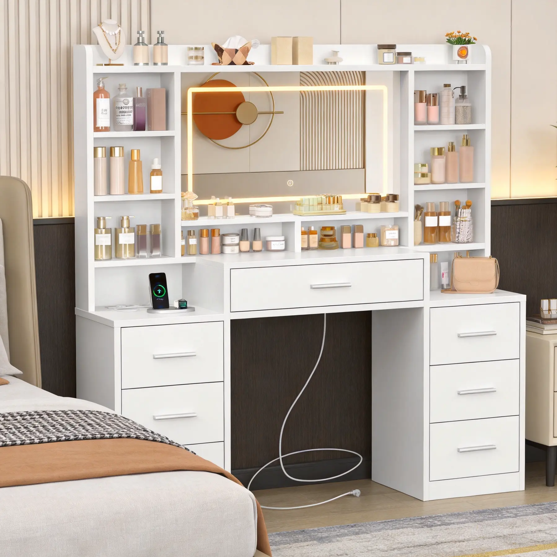 White Makeup Vanity Desk with LED Lighted Mirror, 3 Color Dimmable Lights, Built-in Charging Station with Outlets & USB Ports, 7 Drawers & Open Storage Shelves, Bedroom Dressing Table