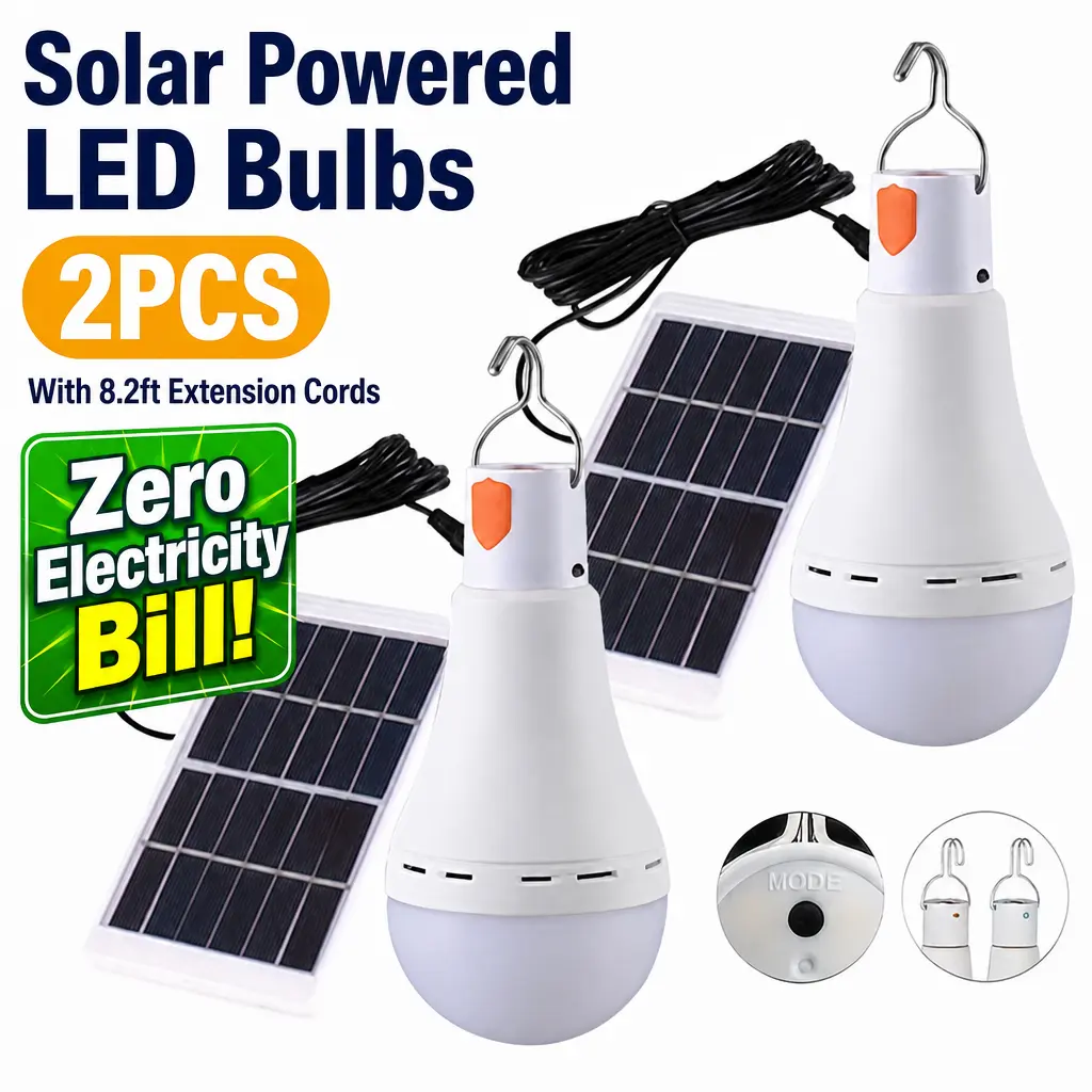 2 Pack Solar-Powered LED Light Bulbs, Waterproof Portable Hanging Lamp – Energy-Saving Rechargeable Night Light for Outdoor Garden, Camping, Emergency Use, Energy-Saving Led Bulbs, Solar-Powered Led Bulbs