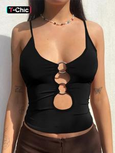 women's plain cut out o-ring crop cami top, streetwear solid slim adjustable spaghetti strap backless top for nightclub music festival, ladies clothes for summer, summer tops, sleeveless womenswear