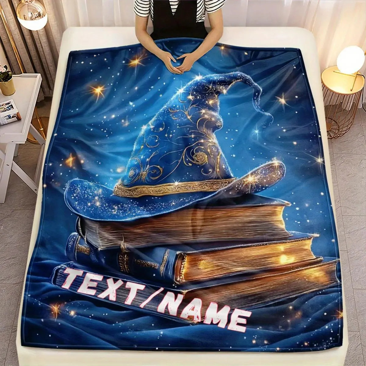 [Personalized Magic Hat] Personalized Magic Hat Wizard Blanket | Custom Name/Text, Soft Flannel Throw with Book Stack & Stars Design | Lightweight All-Season Cozy Gift for Home, Camping, Birthday, Christmas | Inspired Decor, Vintage Blanket