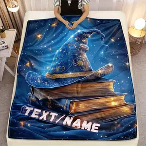 [Personalized Magic Hat] Personalized Magic Hat Wizard Blanket | Custom Name/Text, Soft Flannel Throw with Book Stack & Stars Design | Lightweight All-Season Cozy Gift for Home, Camping, Birthday, Christmas | Inspired Decor, Vintage Blanket