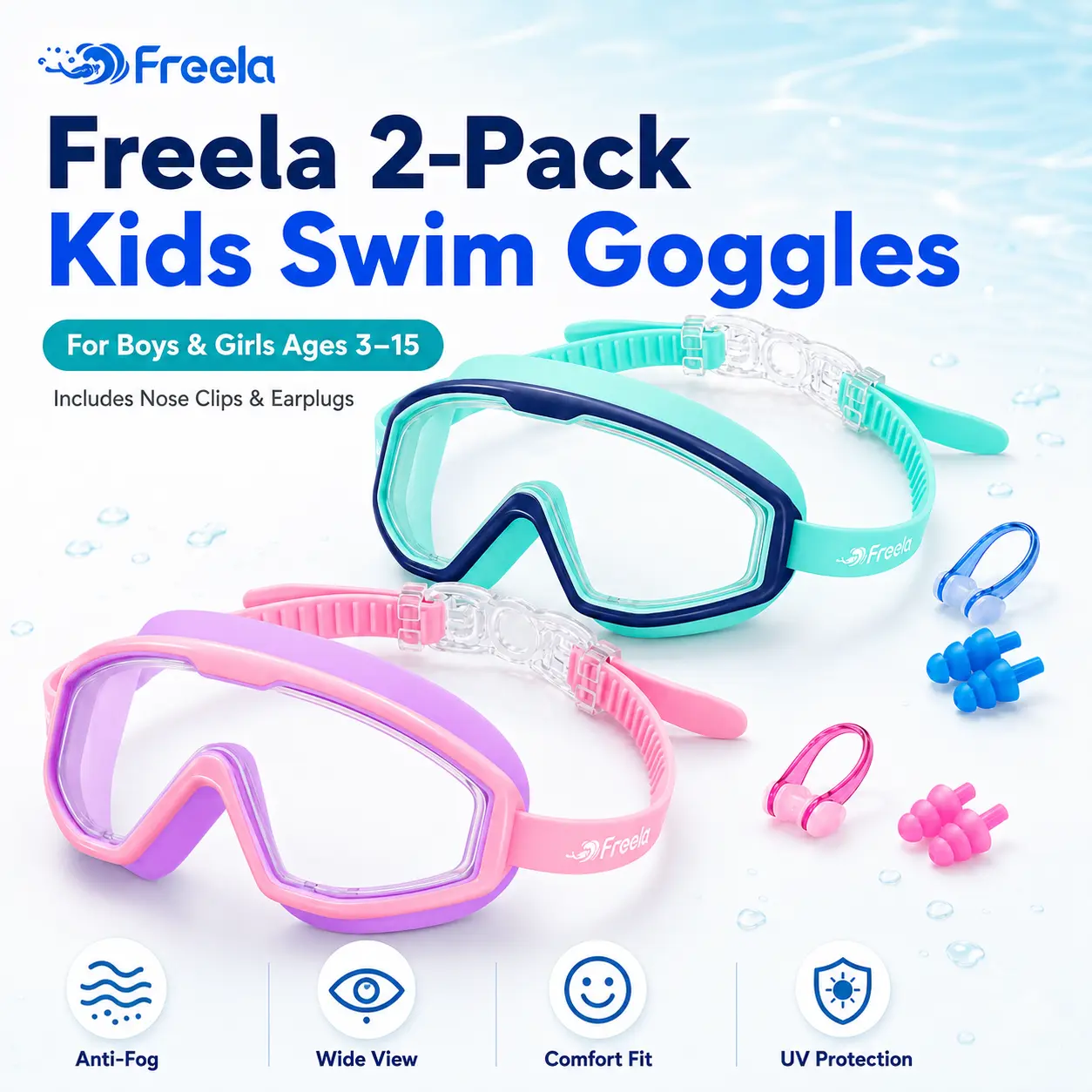 Freela 2 Pack Kids Swim Goggles for Boys Girls, Anti-Fog UV Protection No Leak Wide View Swimming Goggles with Earplugs & Nose Clip for Pool Beach, Ages 3-12