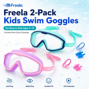 Freela 2 Pack Kids Swim Goggles for Boys Girls, Anti-Fog UV Protection No Leak Wide View Swimming Goggles with Earplugs & Nose Clip for Pool Beach, Ages 3-12