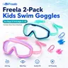 Freela 2 Pack Kids Swim Goggles for Boys Girls, Anti-Fog UV Protection No Leak Wide View Swimming Goggles with Earplugs & Nose Clip for Pool Beach, Ages 3-12