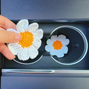 Knitting Cute Flower Design Car Coaster, Crochet Car Cup Holder Decorative Mat, Car Interior Decoration Accessories, Car Interior Accessory for Women & Girls