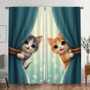 2-Piece Seasonal Half-Blackout Curtains, Cute Cartoon Cat Print, Blue Match, Ideal for Kids' Room Bedroom Decor