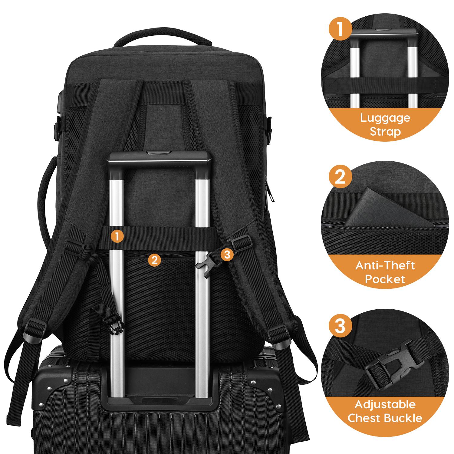 YAMTION 45L Expandable Travel Backpack, TSA Friendly Airline Approved Carry On Backpack with USB Port & Luggage Strap  Water Resistant Business Rucksack with SBS Zippers