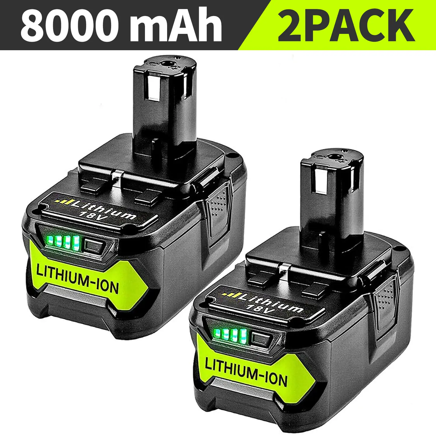 Upgraded 8.0Ah 2Packs P108 18V Battery Compatible with Ryobi 18V ONE+ Battery Replacement P108 P102 P103 P104 P105 P107 P109 P122 Cordless Tool Batteries Rapid Rechargeable Batteries with Indicator Lithium High Cap Lithium Ion Replacement  