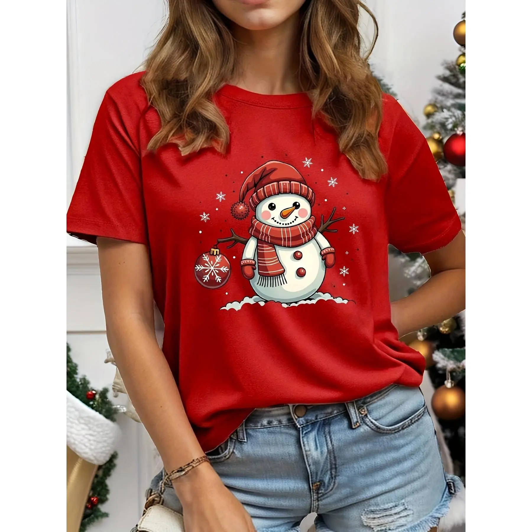 Women's Red Christmas Snowman Graphic Casual Short Sleeve T-Shirt - Soft Stretch Round Neck Tee, Machine Washable Holiday Party Top for Casual Attire, Medium Elasticity Shirt