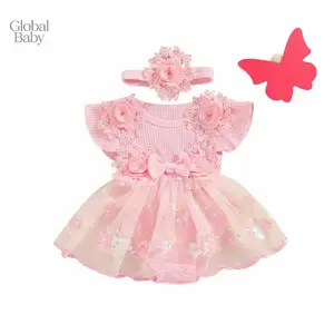Global Baby Girl Fall Outfit Floral Embroidery Tulle Long Sleeve Round Neck Romper Dress Bow Headband 2 Piece Set