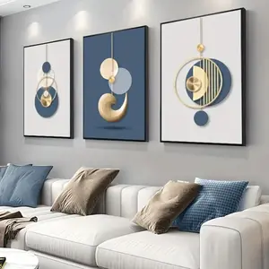 3pcs Modern Art Gold Blue Geometric Abstract Wall Art, Wooden Frame Decorative Painting for Bedroom Living Room Corridor, Modern Abstract Design