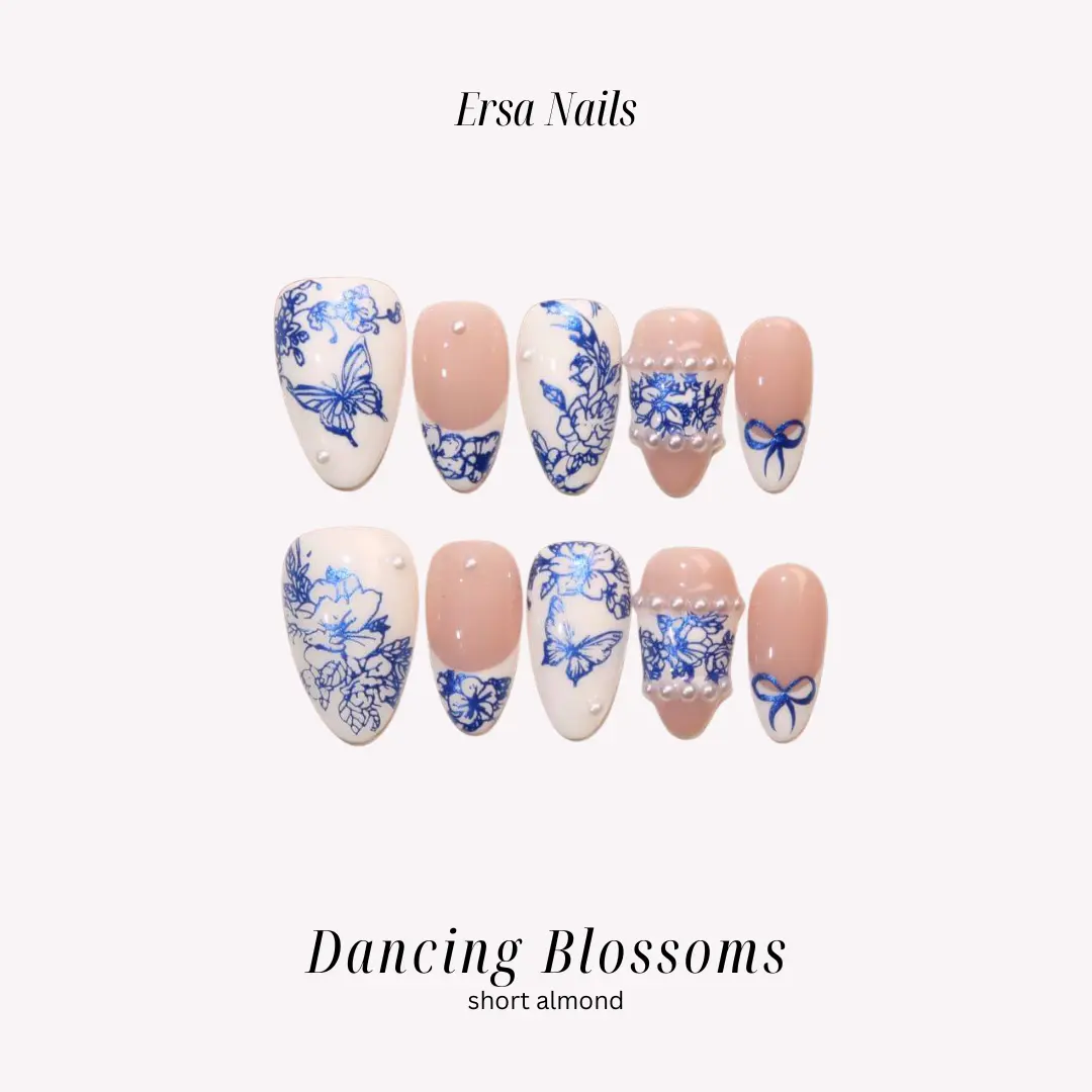ErsaNails DANCING BLOSSOMS - Short Almond 10 PCS Handmade Press On Nails | French Tip, Pearl & Qinghuaci