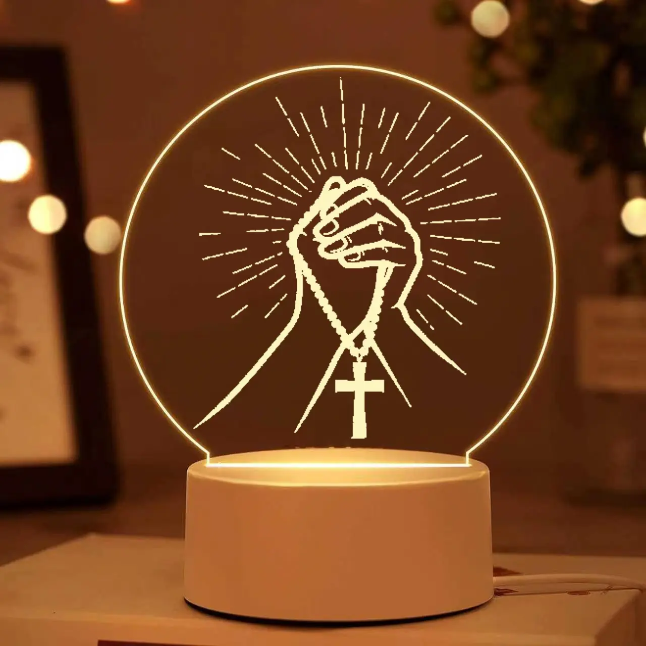 Christian Cross Prayer Hands 2D Flat Round Acrylic Night Light, Religious Rosary Engraved LED Lamp, Halloween Thanksgiving Christmas Birthday Faith Gift for Men Women