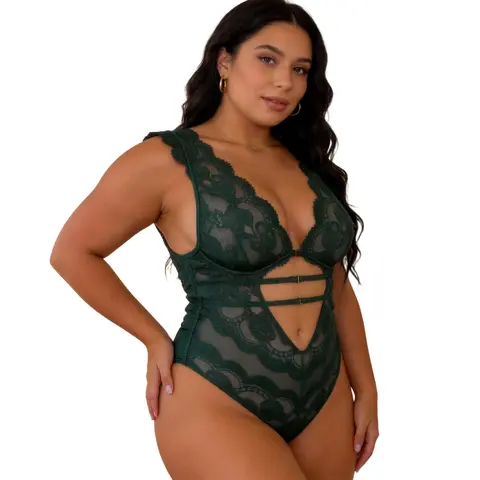 Women's Plus Size Green Floral Lace Deep V-Neck Bodysuit - Adjustable Spaghetti Straps, Cut-Out Design, Slim-Fit Corset Lingerie Piece for Day Wear, Day Out, Comfort & Romantic Elegance, Pretty Gifts