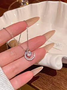 Women's Silver Color Star Moon Pendant Necklace, Adjustable Chain Design, Durable Titanium Steel Material, Perfect Gift for Her