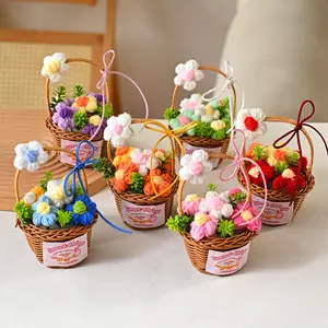 Mother's Day gift handmade bouquet knitted yarn flower puff small flower basket small bouquet pendant accessory cross- artificial flowers Rose Hand Crochet sympathy
