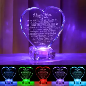Gifts for Mom, Mother’s Day Birthday Christmas Valentine Gift from Daughter Son, Engraved Crystal Heart with Rechargeable Color Changing LED Base