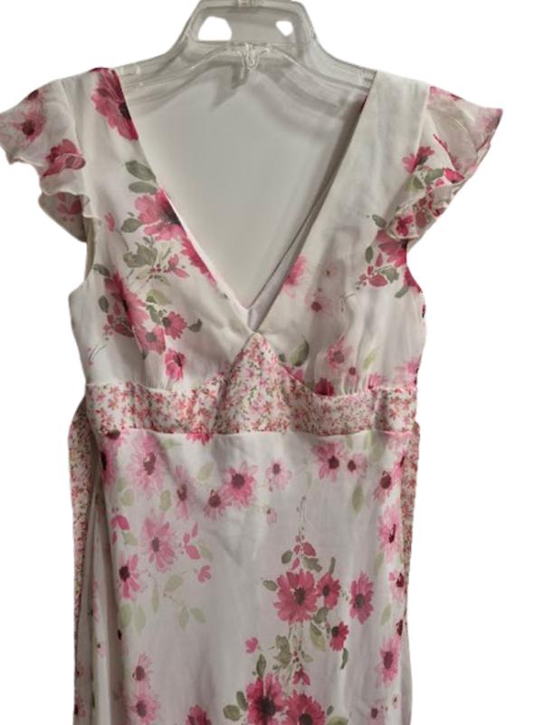 New York & Co Vintage White & Pink Floral Midi Dress with Flutter Sleeves Ruffle Hem Size 6 Sheer Fabric Fully Lined for Special Occasions
