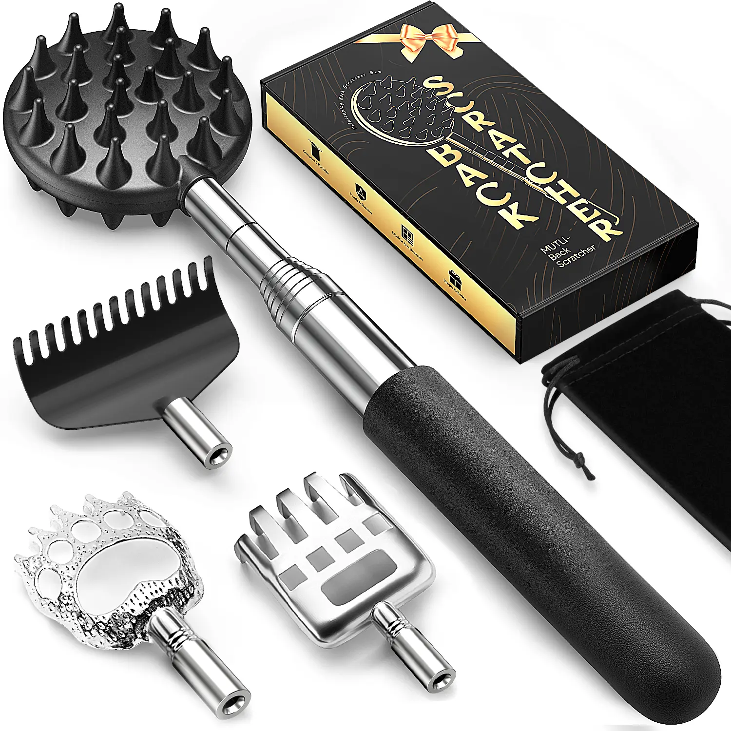 TUKUOS Telescoping Back Scratcher - Manual Massage Tool with 5 Detachable Heads, Rubber Handle, Large Scratch Surface, Compact Design, White Elephant Gift for Men (Anniversary/Birthday Presents) - Beard & Scalp Scratcher for Adults