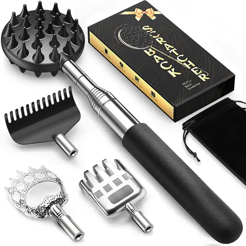 TUKUOS Telescoping Back Scratcher - 5-in-1 Detachable Heads Body Care Manual Massage Tool, Rubber Handle, Large Scratch Surface, Compact Double-Sided Design, 30in Long for Adults’ Muscle Therapy, Christmas Gift for Men (Beard Grooming Aid Compatible)