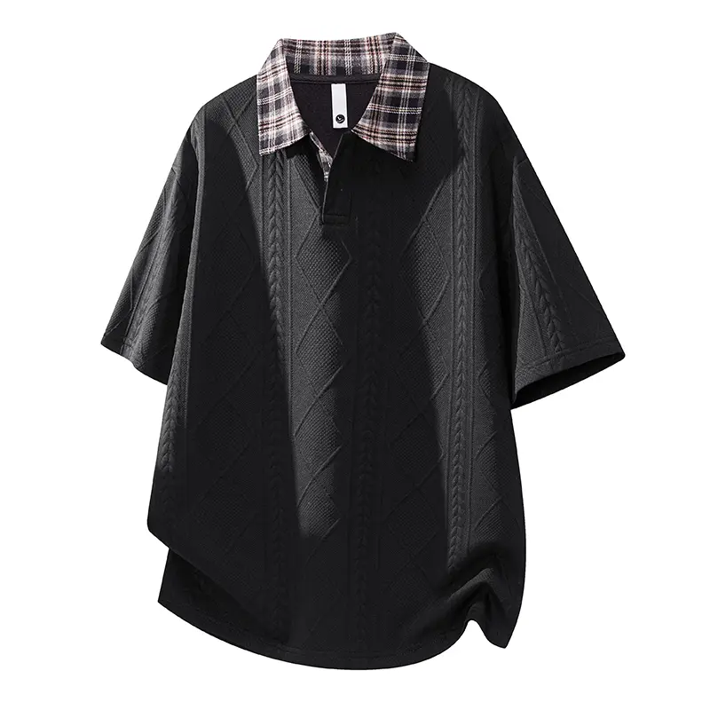 Men’s new summer retro jacquard polo-collar short-sleeve T-shirt featuring a plaid collar design—classic and stylish, loose fit with a turn-down collar; casual and versatile, a must-have for summer outings.
