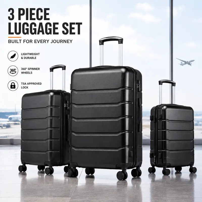 Hardshell ABS Luggage Set - 20"/24"/28" 4-Wheel Double Spinner Rolling Travel Bag with TSA Lock, Zipper, Lightweight Durable Expandable Shell, Practical Check-In Luggage