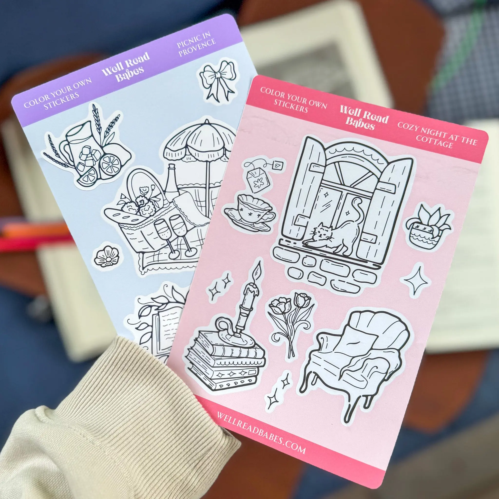 Bookish Coloring Sticker Sheet Set - Books-Themed DIY Scrapbooking & Stamping Supplies, Ideal for Adults’ Journals, Cozy Night at the Cottage Activities, Best with Colored Pencils or Gel Pens