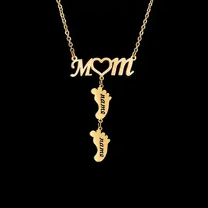 Fashionable and personalized stainless steel letter and footprint name necklace, O-chain pendant with diamond engraving, creative custom lover's gift Cuban link