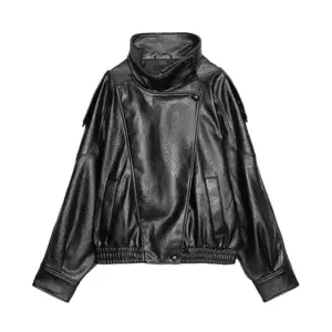 Women's Retro Motorcycle Leather Jacket - Stand Collar Black | Open Front | Fall Casual