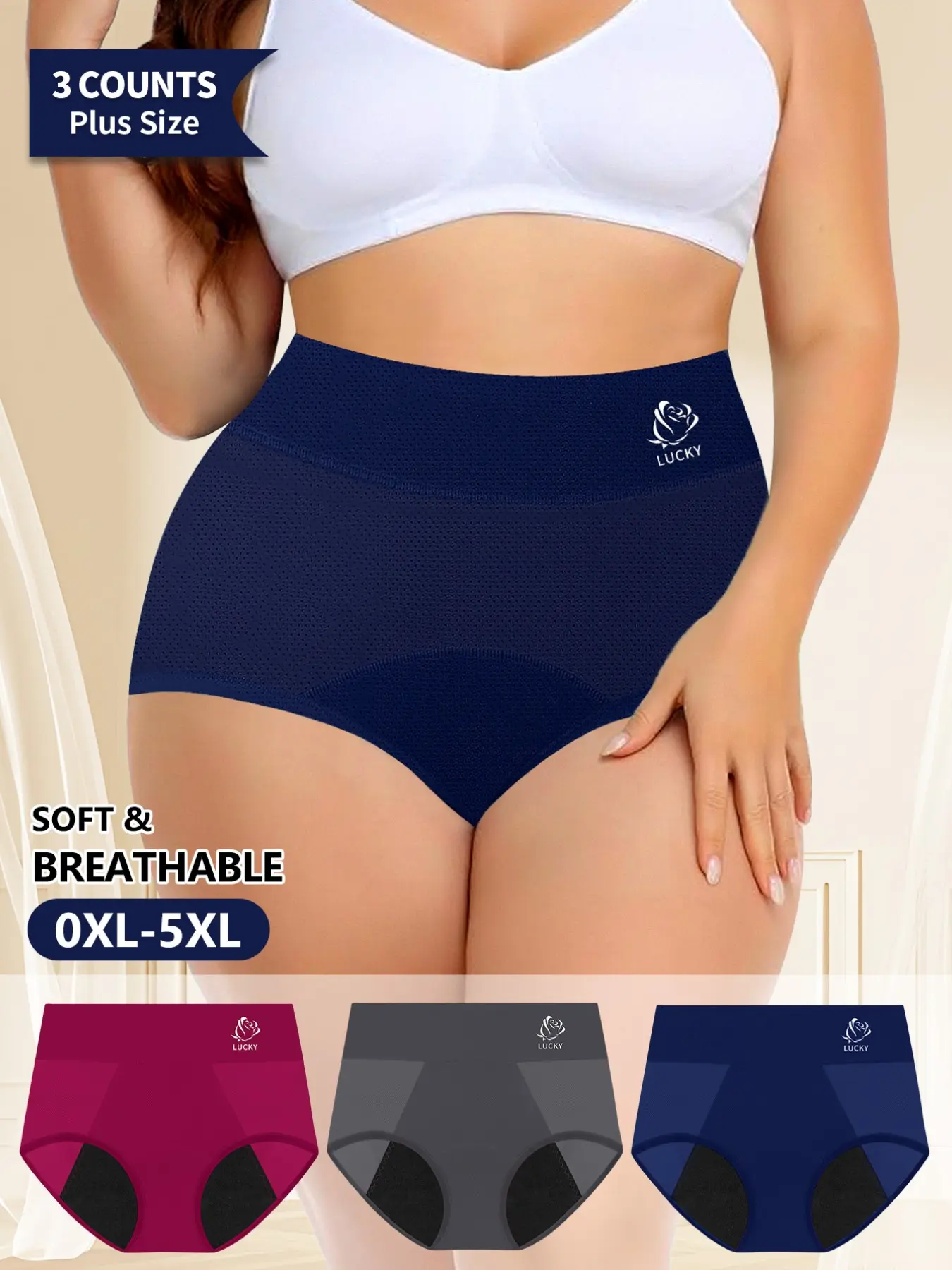 Morelect Women's Large Size Period Underwear, 3-Pack, 0xl-5xl, Leak-Proof, Breathable Mesh, Comfort Fit, High-Quality Printed Trunk, Print Panties