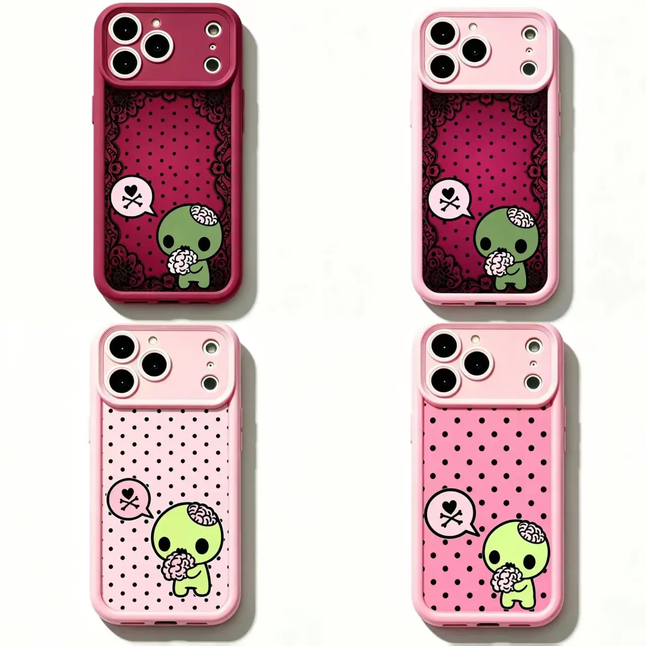 Y2k Kawaii Emo Zombie Phone Case | Pink Black Polka Dot Skull Pattern For iPhone 11 12 13 14 15 16 17 Pro Max For Samsung S26 S25 S24 S23 S22-Gift For Her/Him/Fans