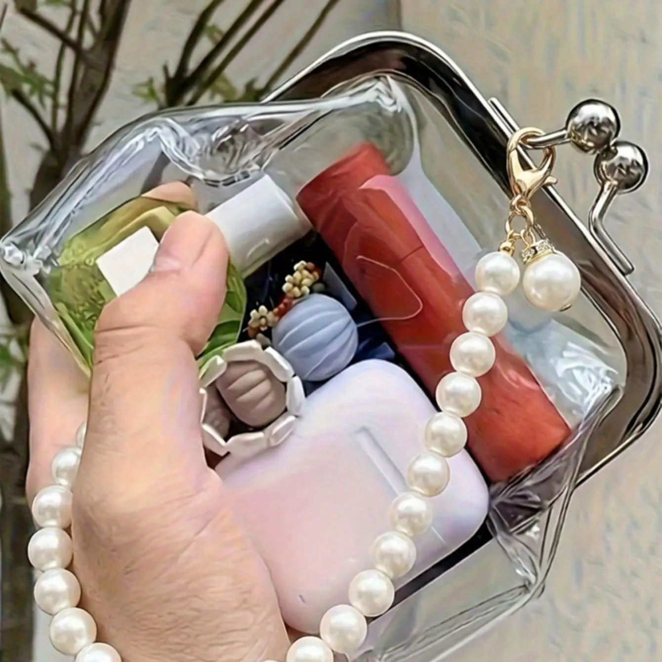 Vintage Coin Purse Wallet for Women, Short Pearl Chain Pendant, Transparent Mini Makeup Bag, Transparent Vanity Bag, Makeup Organizer Pouch, Travel Cosmetic Pouch, Home Storage