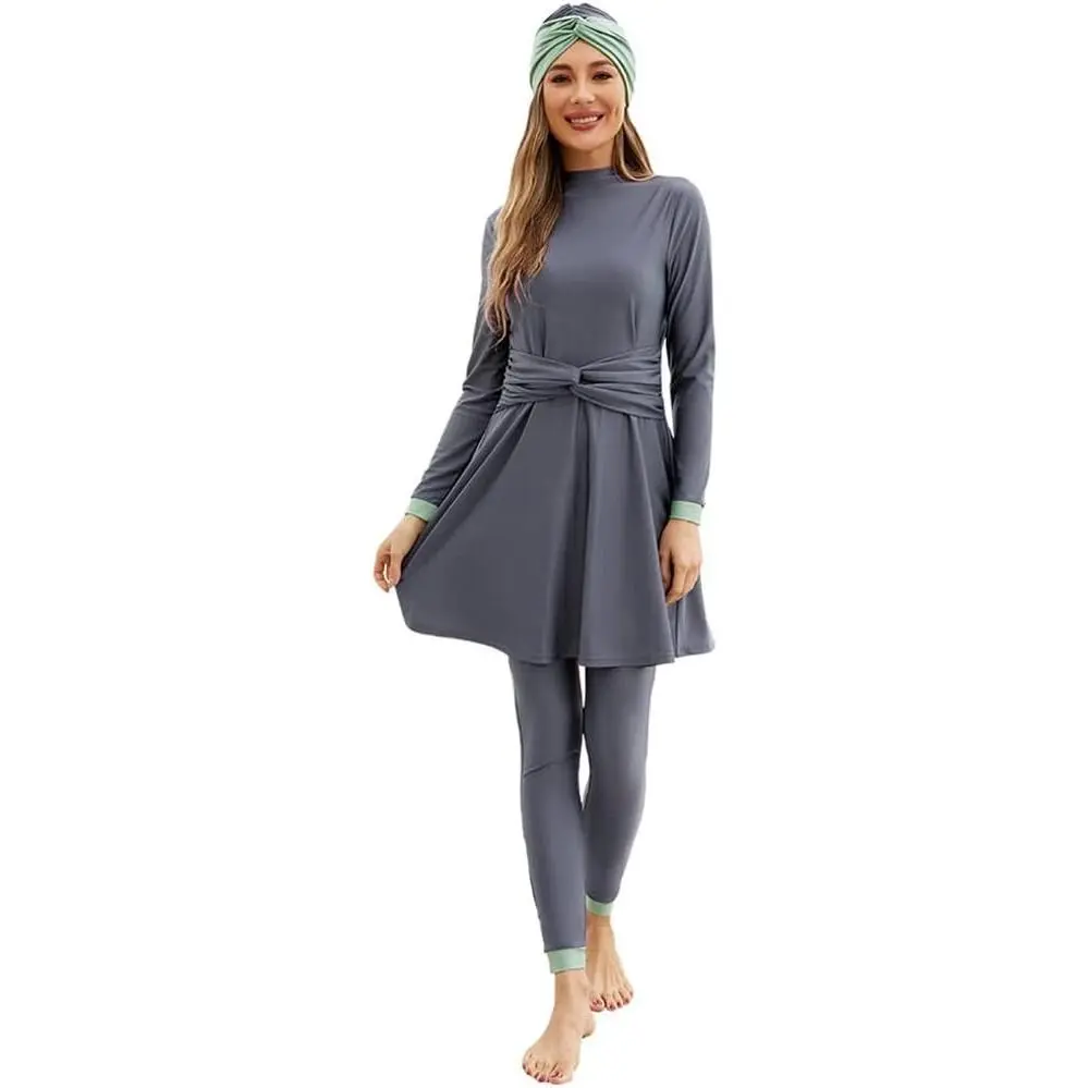 Women Muslim Swimwear Islamic Modest Swimsuit 3 Pieces Full Cover Hijab Long Sleeve Burkini Top Dress + Pants