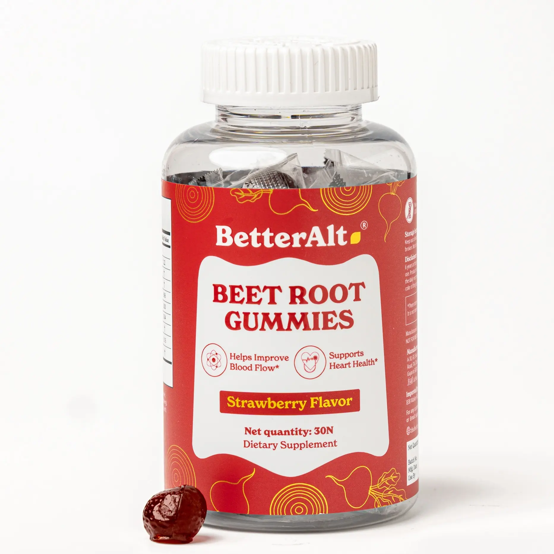 BetterAlt Pure Beet Root Powder Gummies | Helps Boost Energy, No Added Sugar | Lab-tested | Strawberry Flavor | 30 Gummies